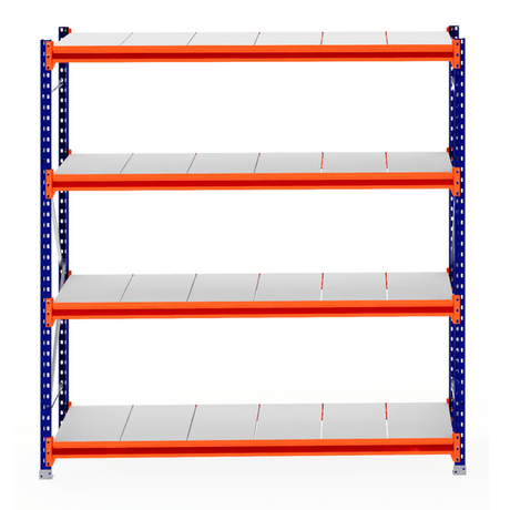 RackZone Longspan Shelving, 5-tier steel panels, blue frame, 800mm depth.