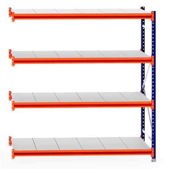 RackZone Longspan Extender, 800mm steel shelves, orange beams & blue uprights.