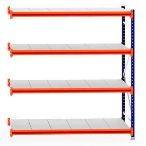 RackZone Longspan Extender, 800mm steel shelves, orange beams & blue uprights.