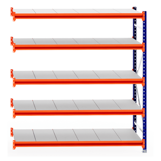 RackZone Longspan Shelving Extender, 800mm deep steel panels, orange beams.