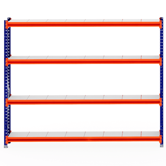 RackZone Longspan Shelving 400mm with steel panels, blue frame, orange supports.