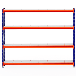 RackZone Longspan Shelving 400mm with steel panels, blue frame, orange supports.