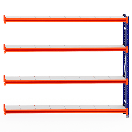 RackZone Longspan Shelving Extender, 400mm steel shelves, orange beams.