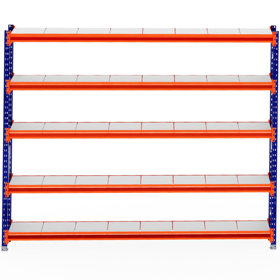 RackZone Longspan Shelving 400mm Steel Panels - Starter, orange/blue, 5 tiers.