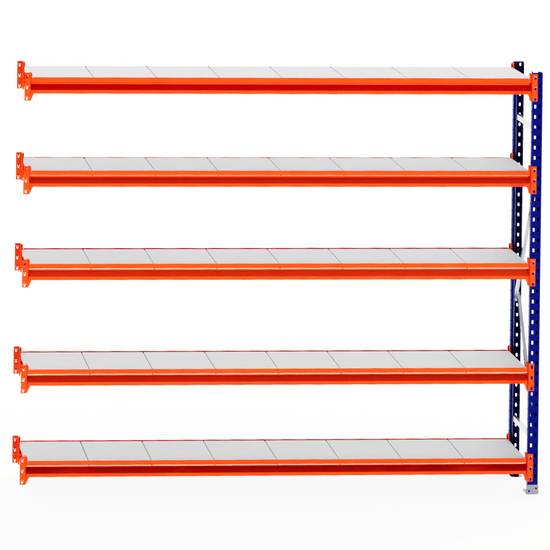 RackZone Longspan Shelving Extender, 400mm steel shelves, orange beams.