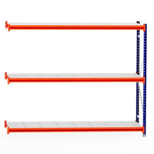 RackZone Longspan Shelving 600mm Steel Extender with orange beams, blue frame.
