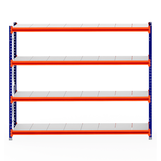RackZone Longspan Shelving 600mm, steel panels, starter unit, orange beams.
