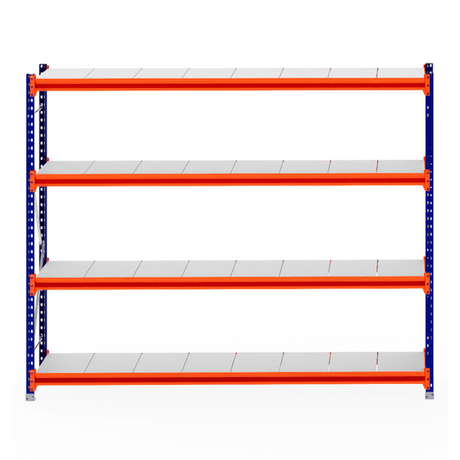 RackZone Longspan Shelving 600mm, steel panels, starter unit, orange beams.