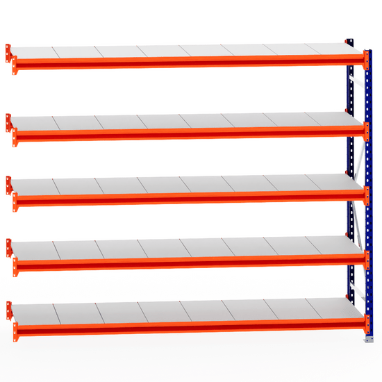 RackZone Longspan 600mm Steel Extender Shelving with orange beams and white shelves.