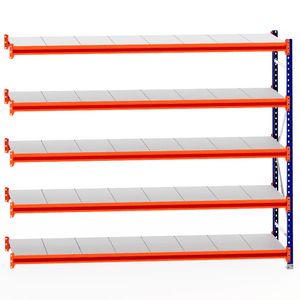 RackZone Longspan 600mm Steel Extender Shelving with orange beams and white shelves.