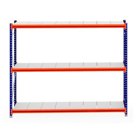 RackZone Longspan Shelving 800mm with steel panels, blue frame, orange supports.