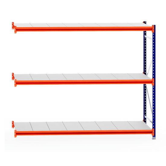 Blue and orange RackZone Longspan Steel Shelving Extender, 800mm depth.
