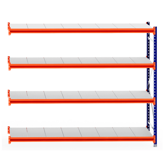 RackZone Longspan Shelving Extender, 5-tier, steel shelves, orange/blue frame.