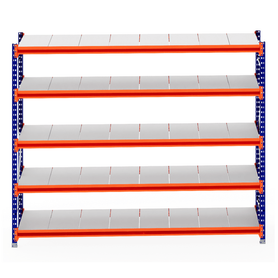RackZone Longspan Shelving, 800mm steel panels, blue frame, orange supports.