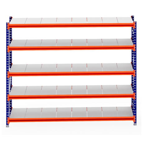 RackZone Longspan Shelving, 800mm steel panels, blue frame, orange supports.