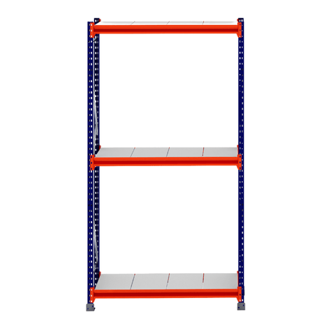 RackZone Longspan Shelving, 400mm deep steel panels, blue and orange frame.