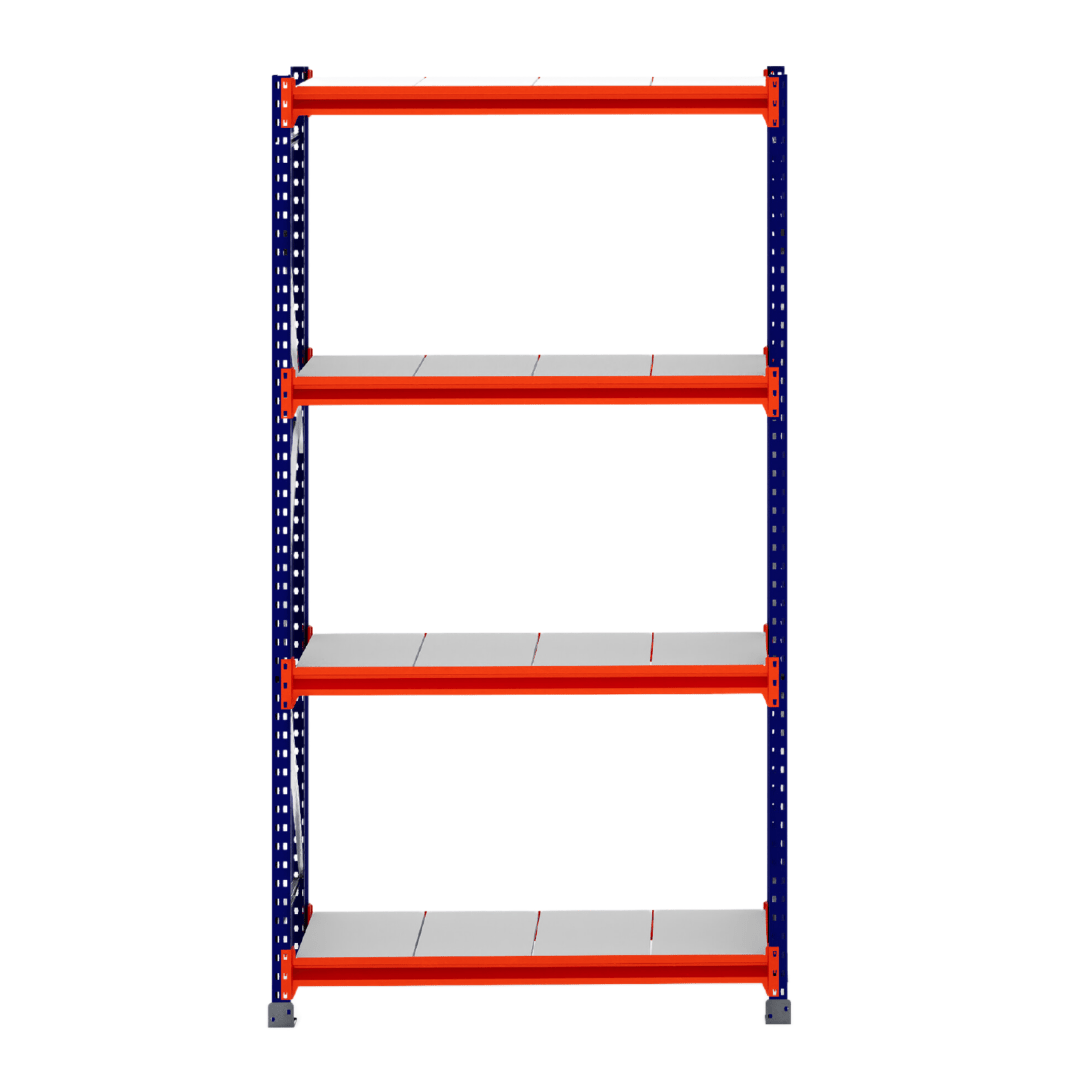 RackZone Longspan 400mm Shelving Starter with blue frame and orange steel panels.