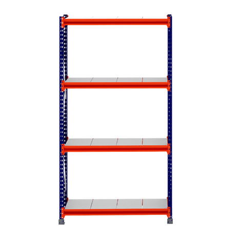 RackZone Longspan 400mm Shelving Starter with blue frame and orange steel panels.