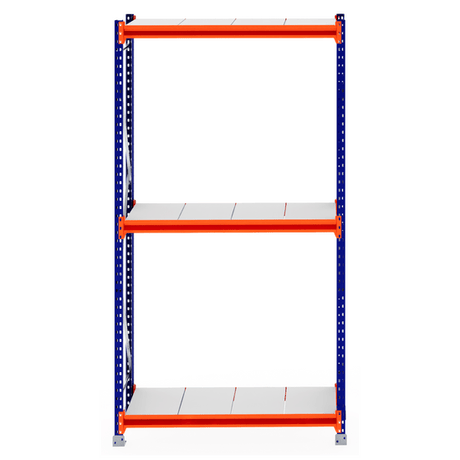 RackZone Longspan Shelving 600mm Starter with steel panels, blue & orange frame.