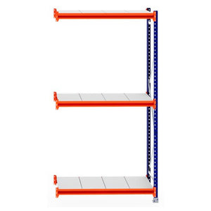 RackZone Longspan Extender: steel shelving, 3 orange shelves, blue frame.