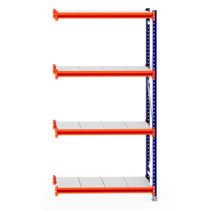 RackZone Longspan Shelving Extender, 4 orange & white steel shelves, front view.