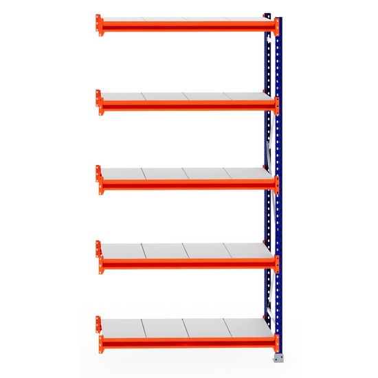 RackZone Longspan Shelving Extender with 5 orange shelves, blue frame, front view.