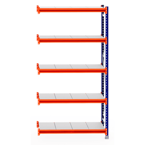 RackZone Longspan Shelving Extender with 5 orange shelves, blue frame, front view.
