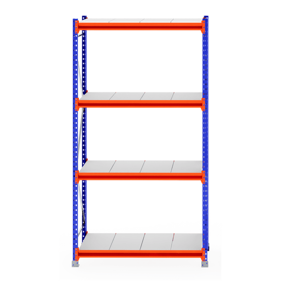 RackZone Longspan Shelving, 800mm deep, blue frame, orange steel panels.