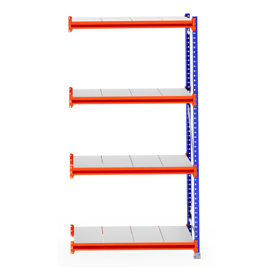 RackZone Longspan Shelving Extender, 800mm deep, steel panels, orange/blue.