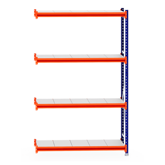 RackZone Longspan Shelving Extender, 400mm depth, steel panels, orange beams.