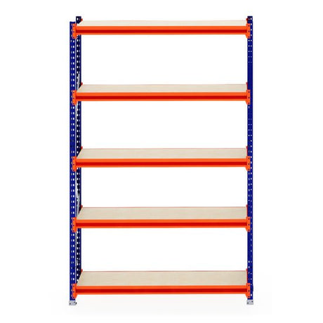RackZone Longspan Shelving Starter, 400mm steel panels, blue-orange frame.