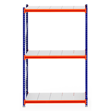 RackZone Longspan Shelving 600mm with steel panels, blue frame, orange supports.