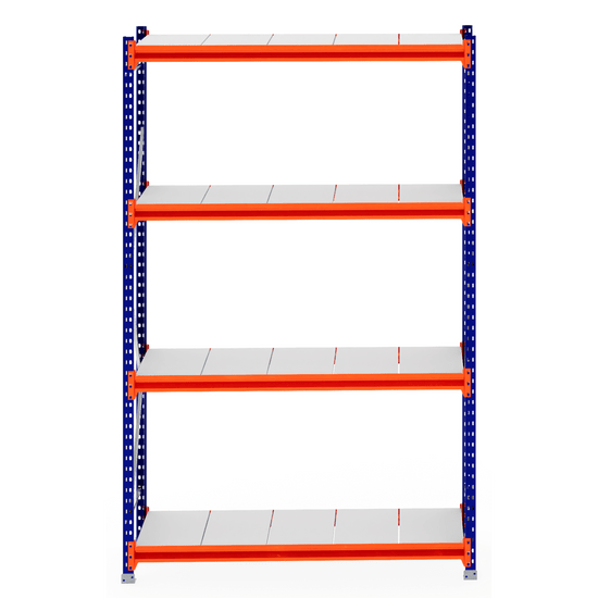 RackZone Longspan 600mm Starter, blue frame, orange beams, steel shelves.