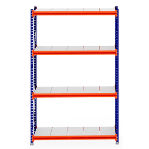 RackZone Longspan 600mm Starter, blue frame, orange beams, steel shelves.