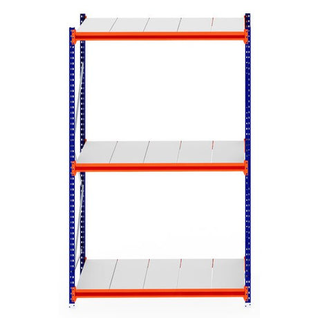 RackZone Longspan Shelving 800mm, steel panels, blue frame, orange supports.