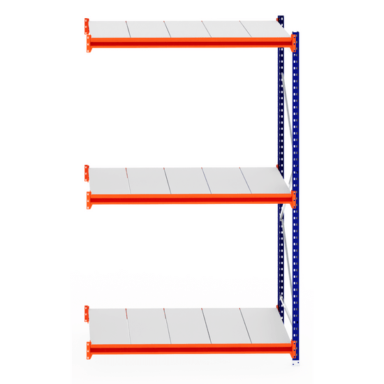 RackZone Longspan Shelving 800mm Extender with steel panels, orange beams.