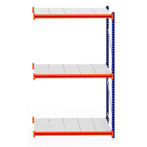 RackZone Longspan Shelving 800mm Extender with steel panels, orange beams.