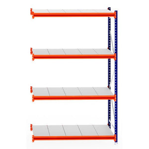 RackZone Longspan Shelving Extender, steel panels, orange/blue frame, 800mm deep.