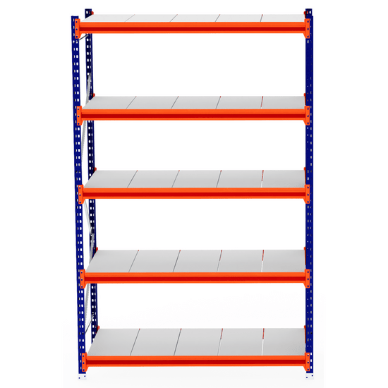 RackZone Longspan Shelving Starter, 800mm deep, steel panels, blue-orange frame.