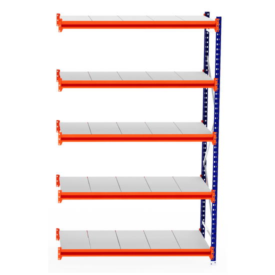 RackZone Longspan 800mm Steel Shelving Extender, orange beams, blue frame.