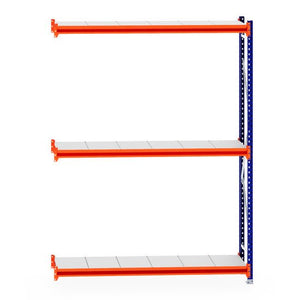 RackZone Longspan Shelving 400mm Extender with steel panels, orange and blue.