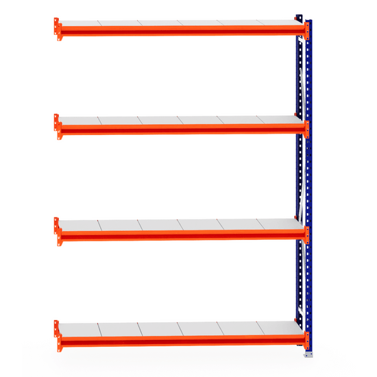 RackZone Longspan Extender, 5-level steel shelving, orange and blue frame.