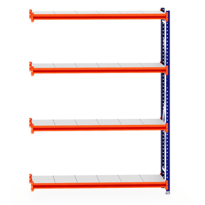 RackZone Longspan Extender, 5-level steel shelving, orange and blue frame.