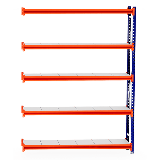 RackZone Longspan Shelving Extender, 400mm deep steel panels, orange/blue frame.
