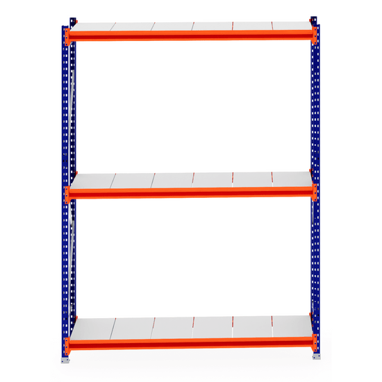 RackZone Longspan Shelving Starter, 600mm steel panels, orange-blue frame.