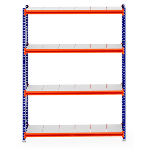 RackZone Longspan Shelving, 4 shelves, blue-orange steel panels, 600mm deep.