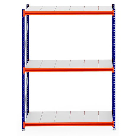 RackZone Longspan Shelving, 3 white steel shelves, blue & orange frame, 800mm deep.