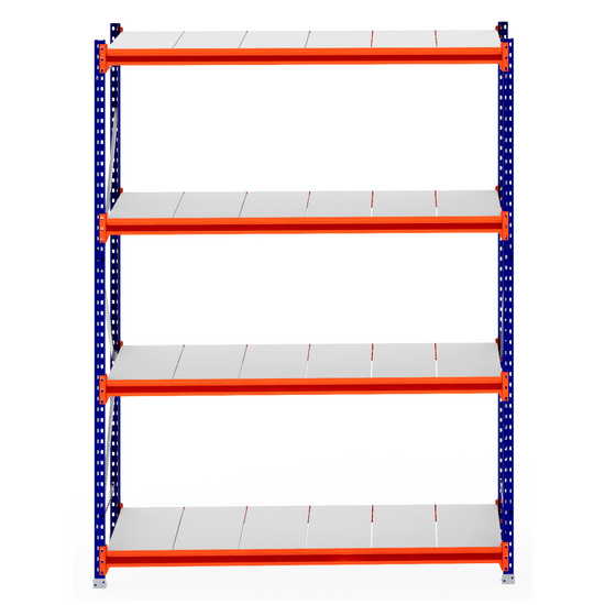 RackZone Longspan Shelving 800mm Starter, blue frame, orange supports, steel panels.