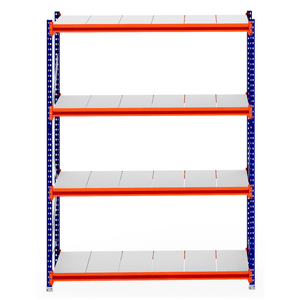 RackZone Longspan Shelving 800mm Starter, blue frame, orange supports, steel panels.