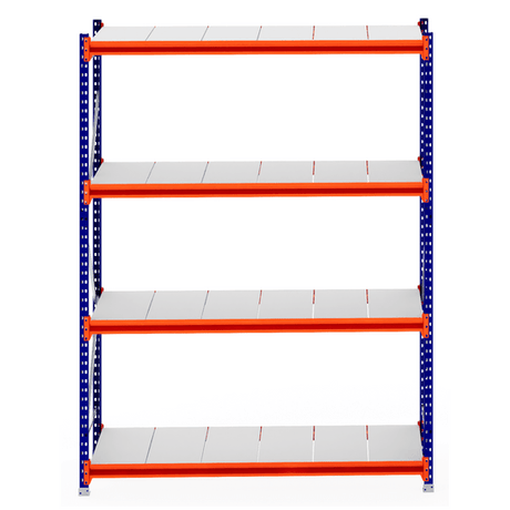 RackZone Longspan Shelving 800mm Starter, blue frame, orange supports, steel panels.